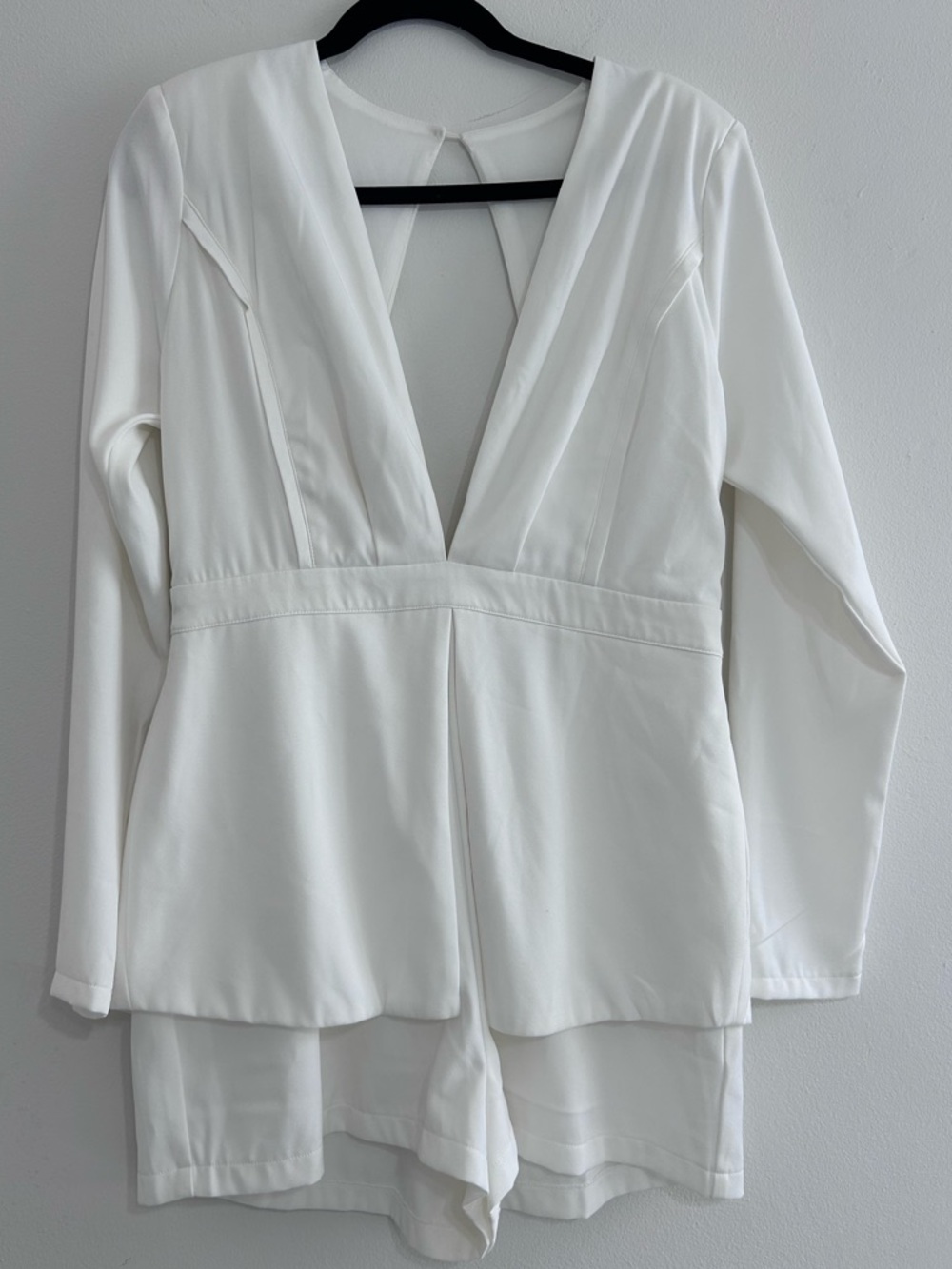 White Romper with Deep V and Long Sleeves by Lu Fashions